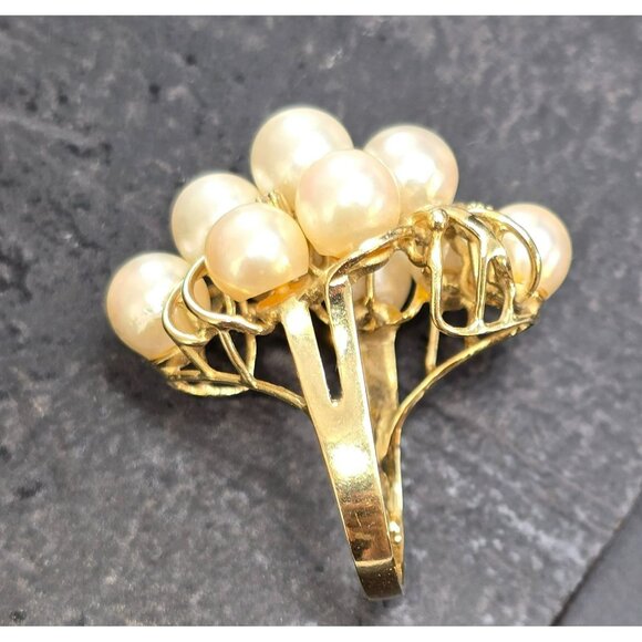 Vintage 14K Gold Cocktail Ring With Cultured Pearls & Diamonds Size 6.75 HS81 - Picture 14 of 16